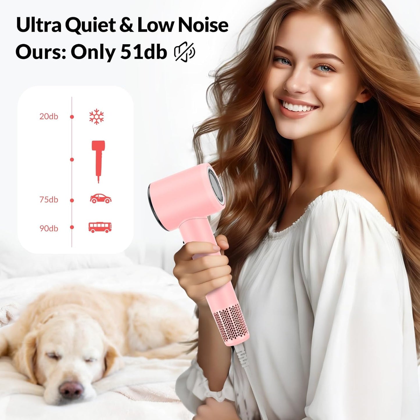 Chignon Ionic Travel Hair Dryer - 1600W Fast Drying Blow Dryer with Diffuser | Lightweight Pink Design