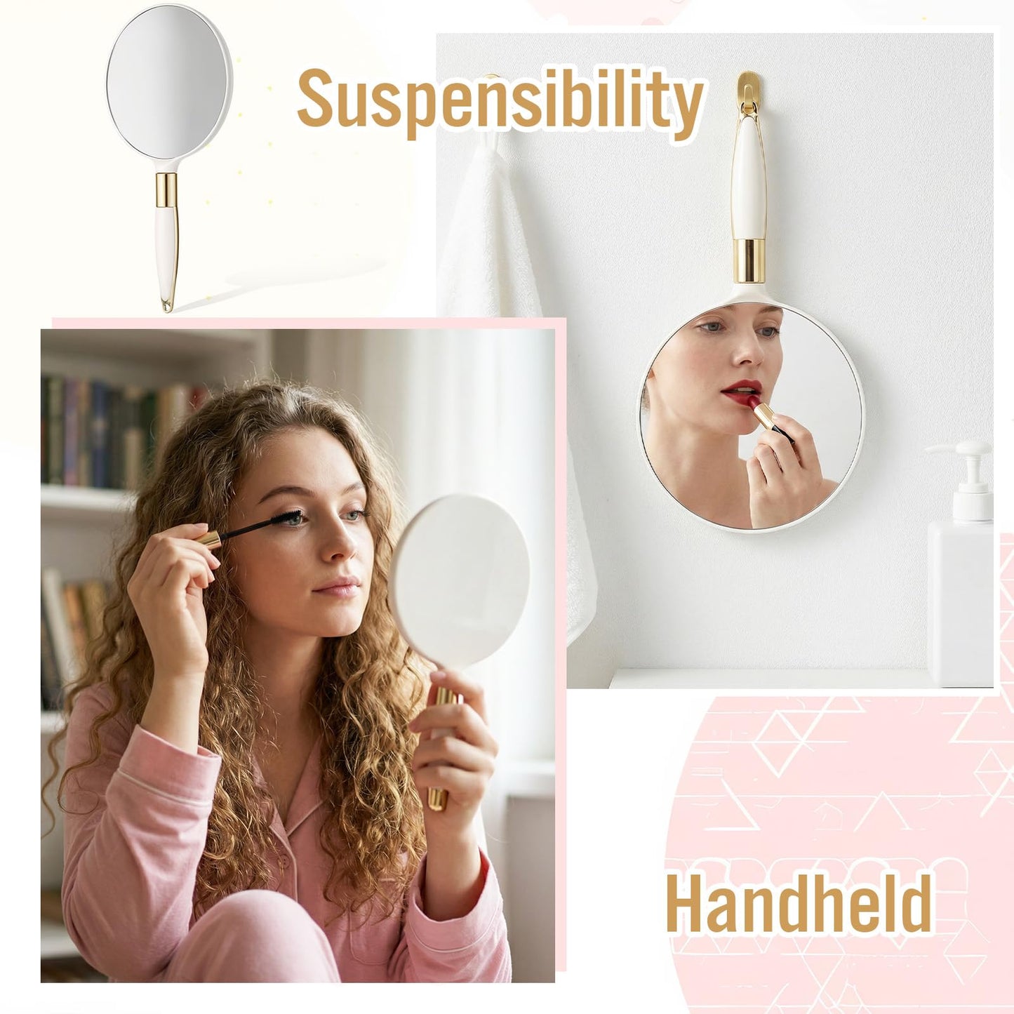 Zyghjort Round Hand Held Mirror with Handle, White Handheld Makeup Mirror