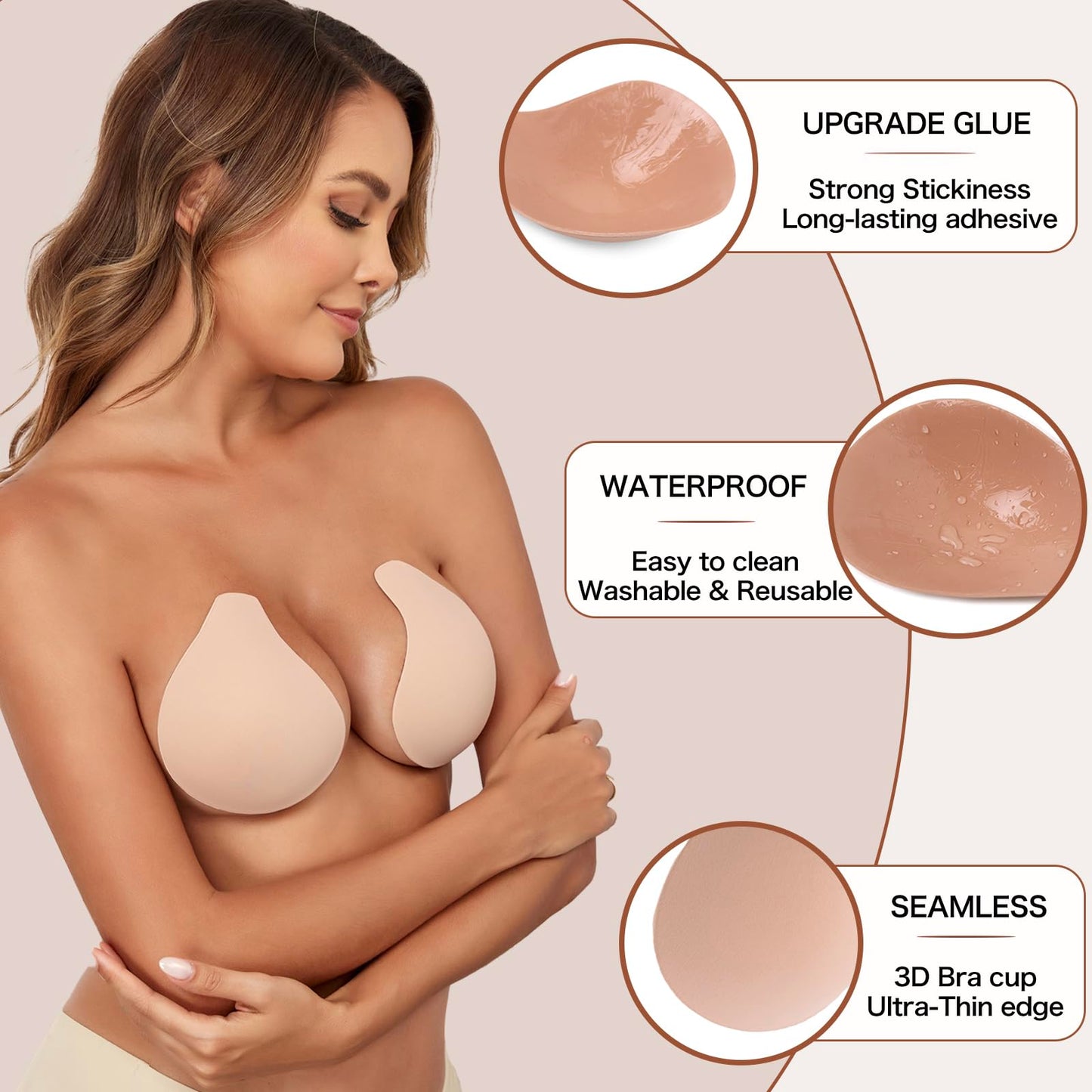 Bontierie Nipple Covers Sticky Push up Bra Added Lift Seamless Ultra-Thin Pasties Adhesive Bras Women Beige
