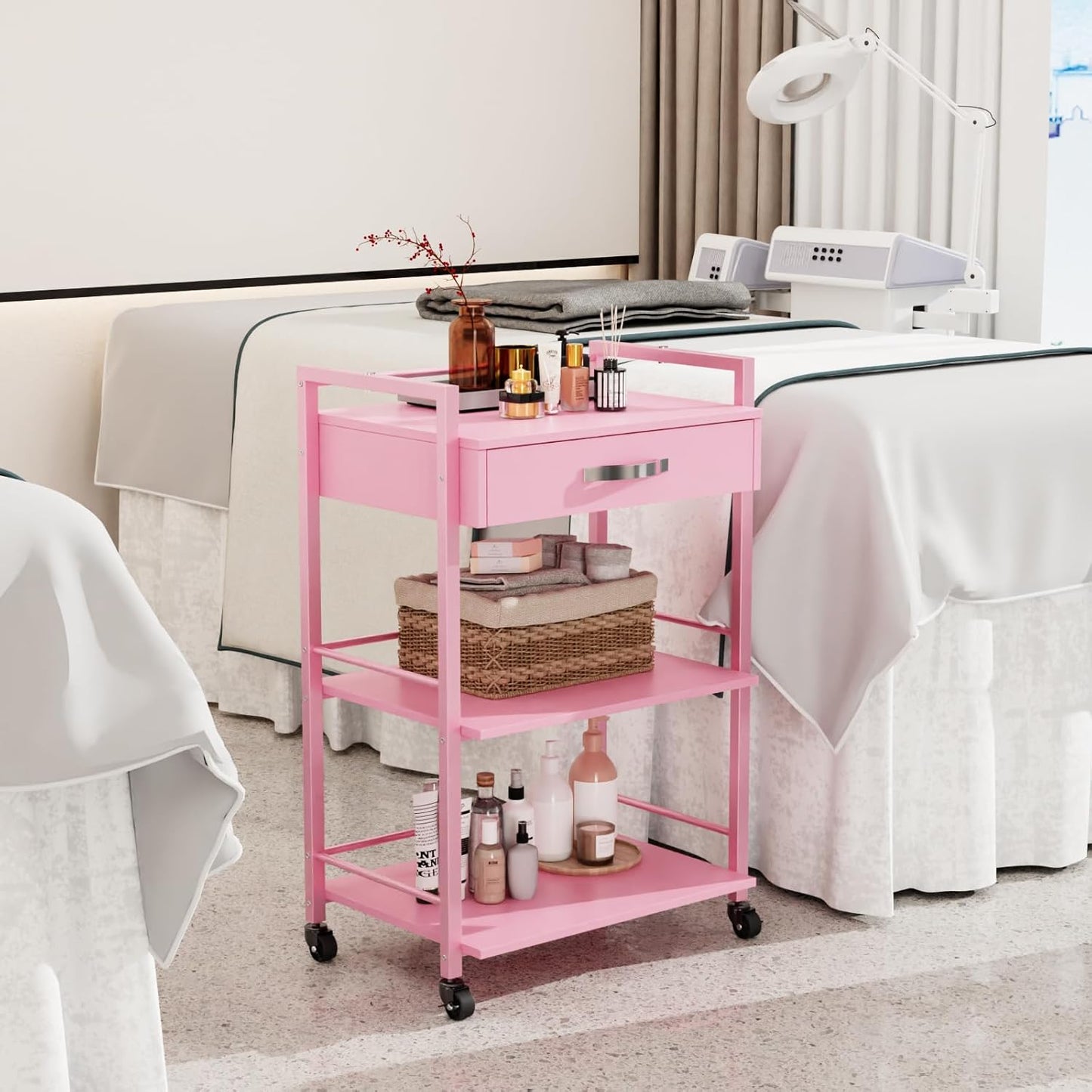 Salon Trolley Cart - Wooden Rolling Storage Station for Beauty | Mobile Utility Cabinet with 1 Drawer & 2 Trays, Pink