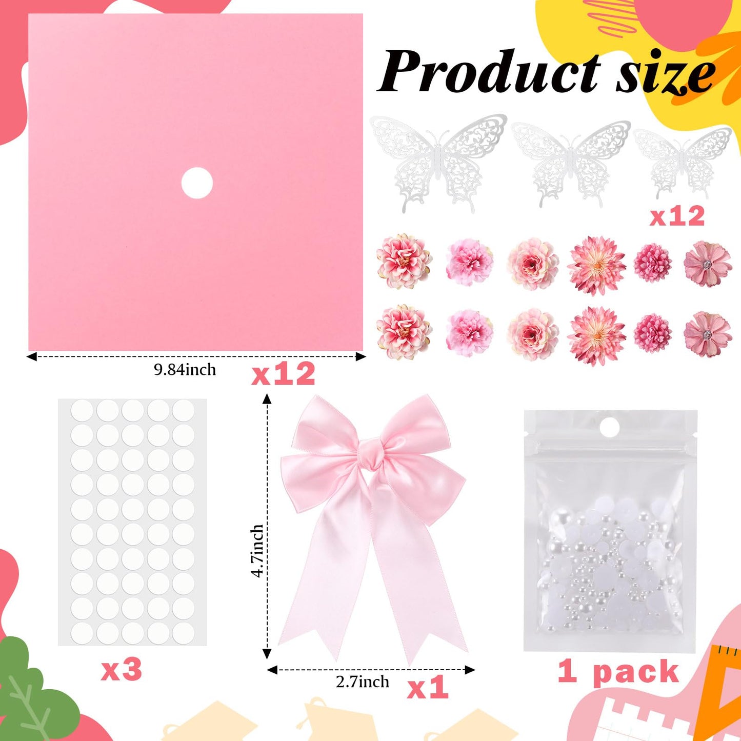 MotiMind 41 Pcs Pink DIY Graduation Cap Decoration Kit, Grad Cap Decorations Grad Hat Topper Faux Assorted Flowers Bows 3D Cream Construction Paper Butterfly Stickers Pearl Adhesive Dots