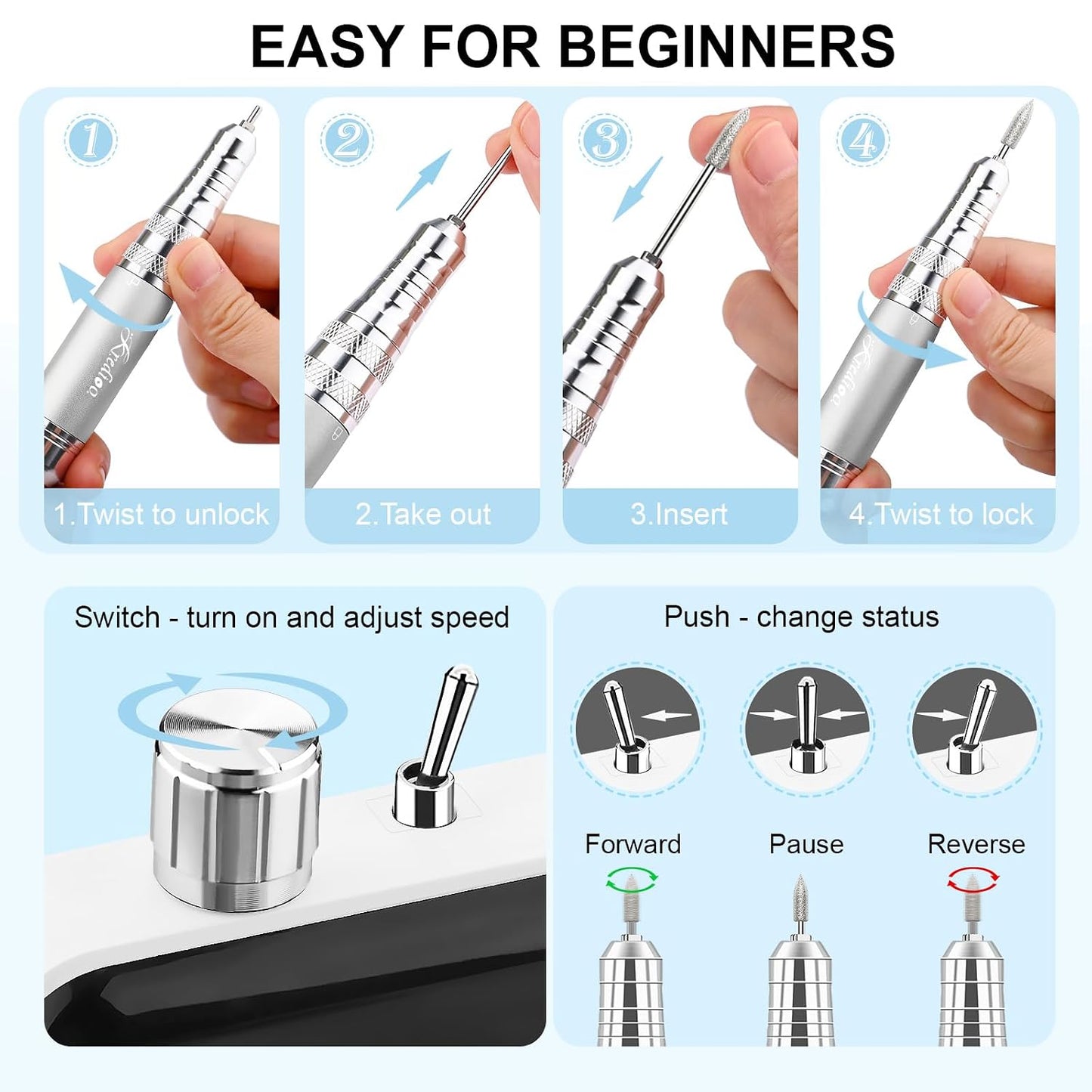 Kredioo Portable Nail Drill - 35000 RPM Rechargeable Electric Nail File Kit for Professional Manicure | White