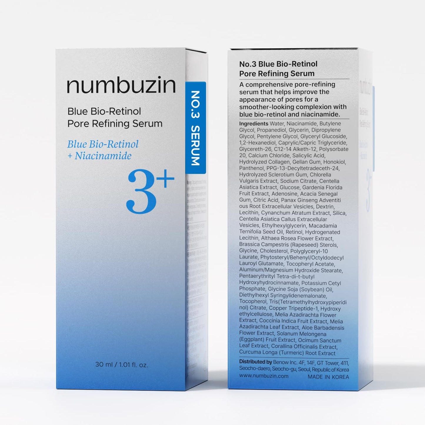 Numbuzin No.3 Retinol Serum - Blue Bio-Retinol Pore Refining | Tightening, Firming, BHA, Niacinamide, Peptide | 1.01 fl. oz (30ml)