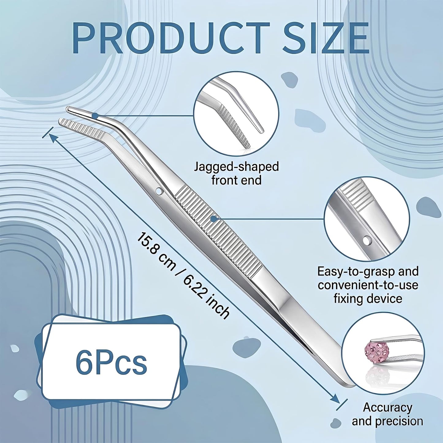 6 Pcs Stainless Steel Tweezers with Curved Serrated Tip, 6.2 Inch Multipurpose Precision Forceps Kitchen Long Tweezers Set Heavy Duty Sewing Machine Tweezer, Anti-Slip Grip for Professional & Home Use