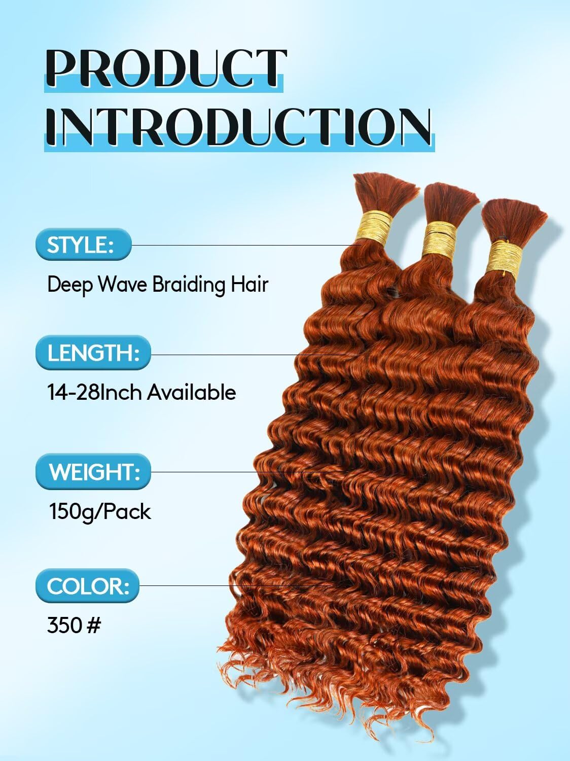 Unprocessed Human Hair for Braiding - #350 Ginger Copper Curly Bulk Hair | 12A Grade, 16 Inch, 150g, 3 Bundles