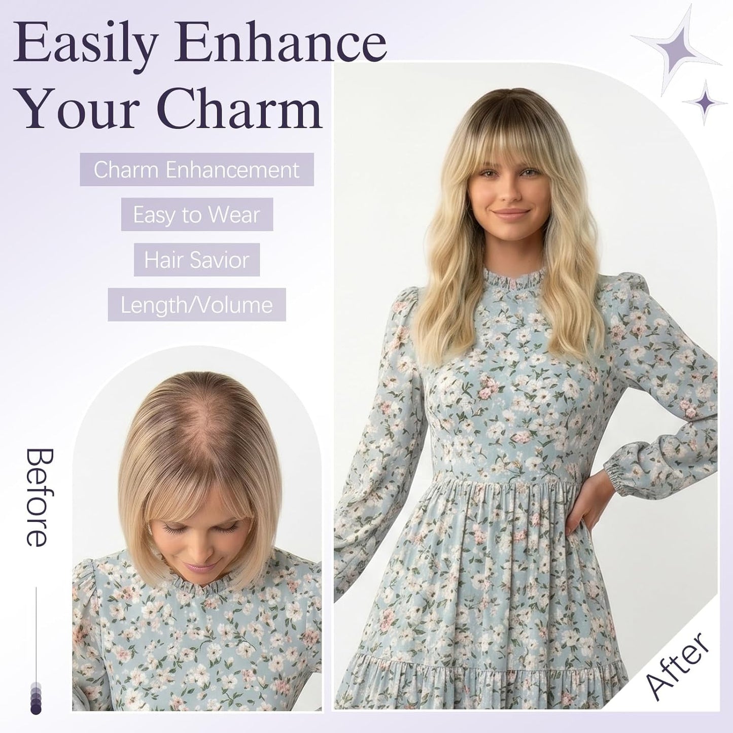 360 3D Hair Toppers for Women - Big Base Clip-In Hair Pieces, 20-Inch Long Wavy Style with French Bangs | 7x7 Inches Synthetic Fiber
