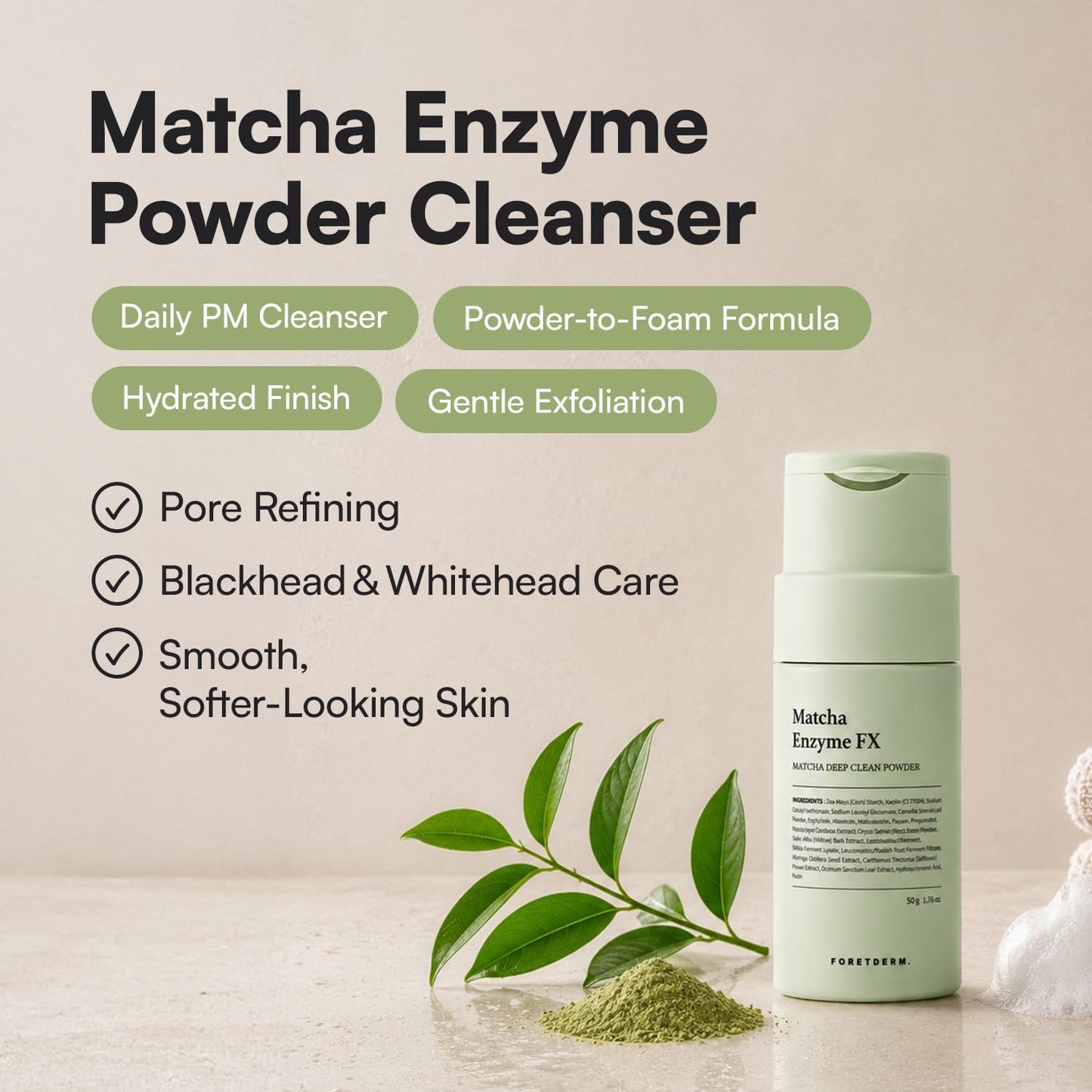 Enzyme Powder Face Wash - Gentle Powder to Foam Cleanser with Matcha & Green Tea | 1.76 Oz for Sensitive Skin