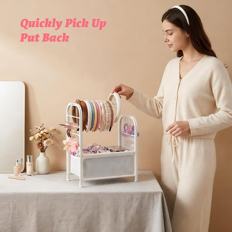 PVRUILER Headband Holder Stand, Metal Hair Accessories Organizer with Divided Storage Box, for Headbands, Hair Ties, Clips & Earrings