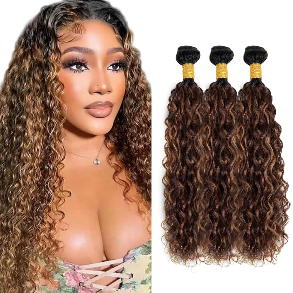 Ombre Highlight Bundles Human Hair Water Wave Bundles 16 18 20 inch Dark Brown Bundle Human Hair Quick Weave Bundle 300g