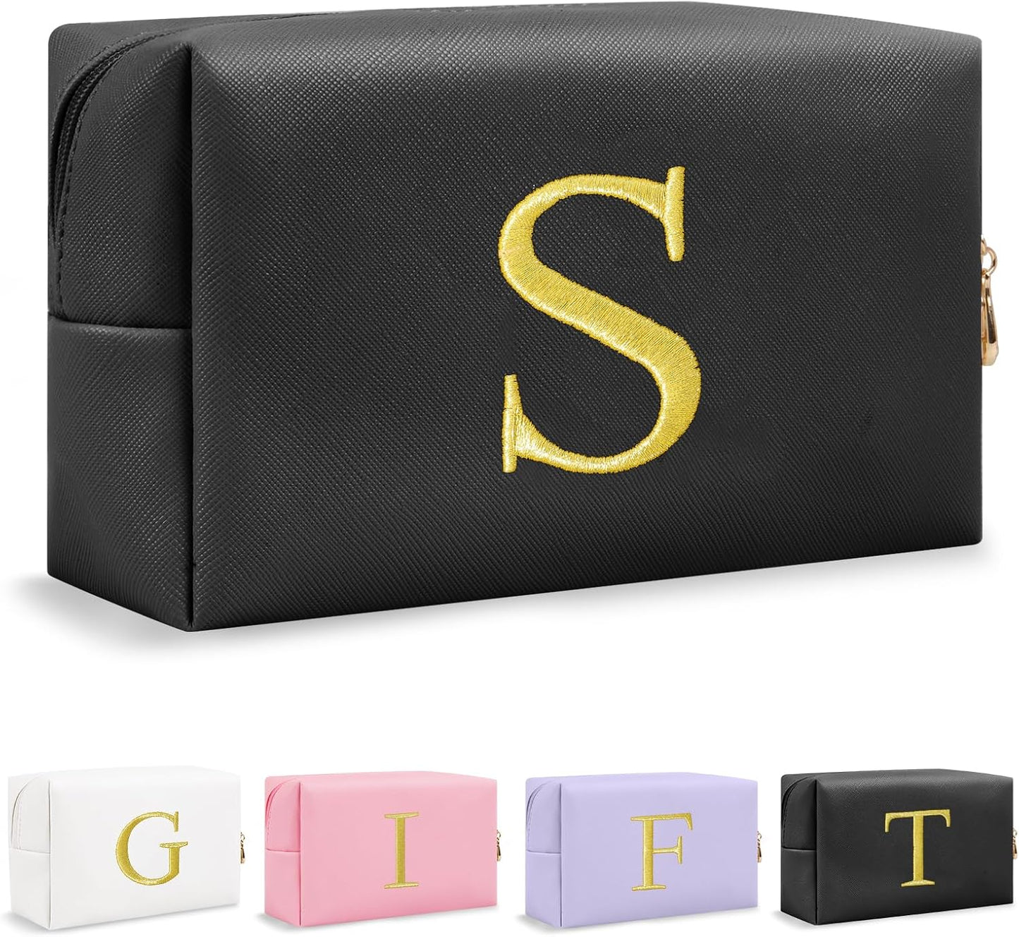 Personalized Initial Makeup Bag - Gold Embroidered Cosmetic Bag for Teens | Custom Travel Toiletry Bag (Black)