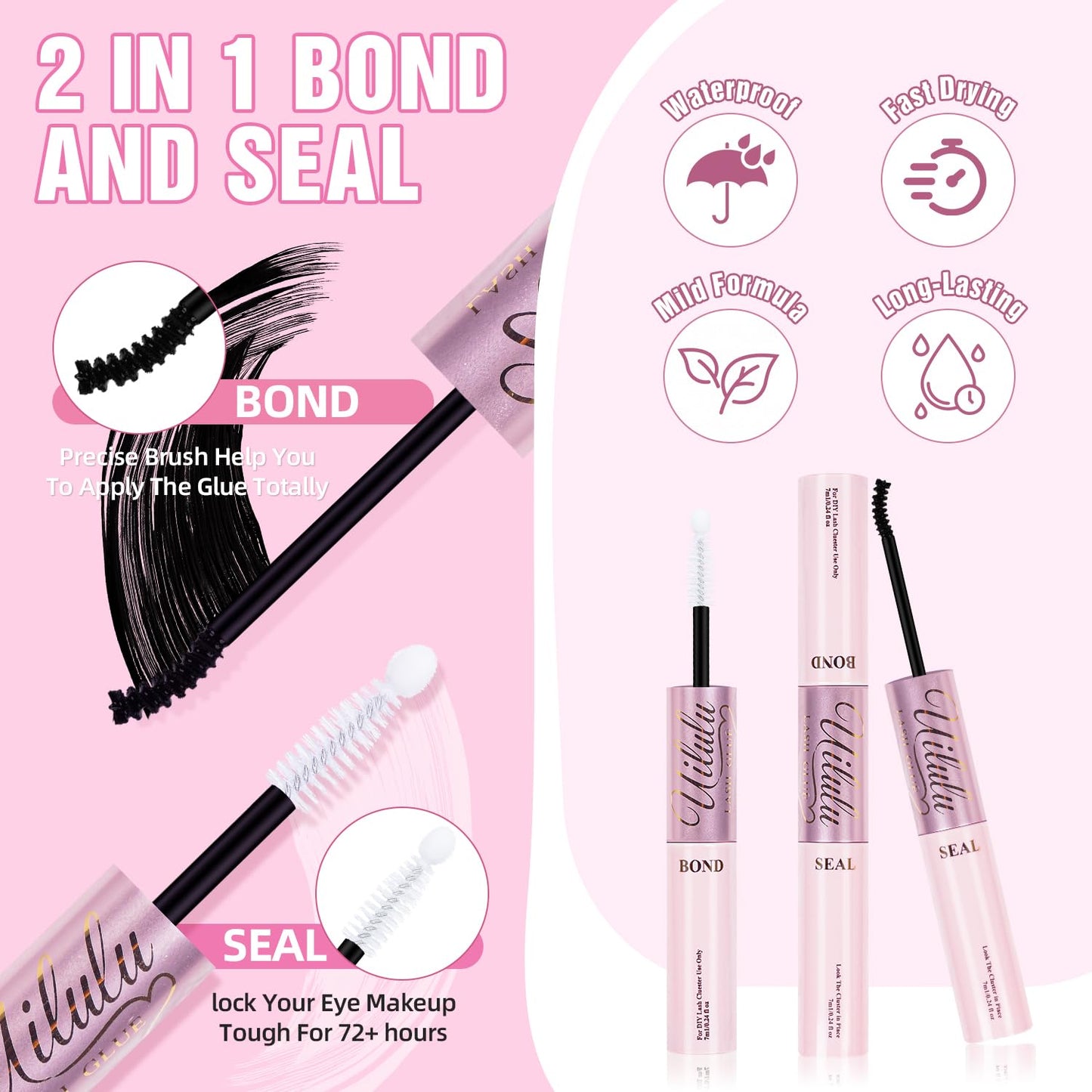 Uilulu Lash Clusters Glue - Waterproof 2-in-1 Black Adhesive for Strong Hold | 7ml + 7ml
