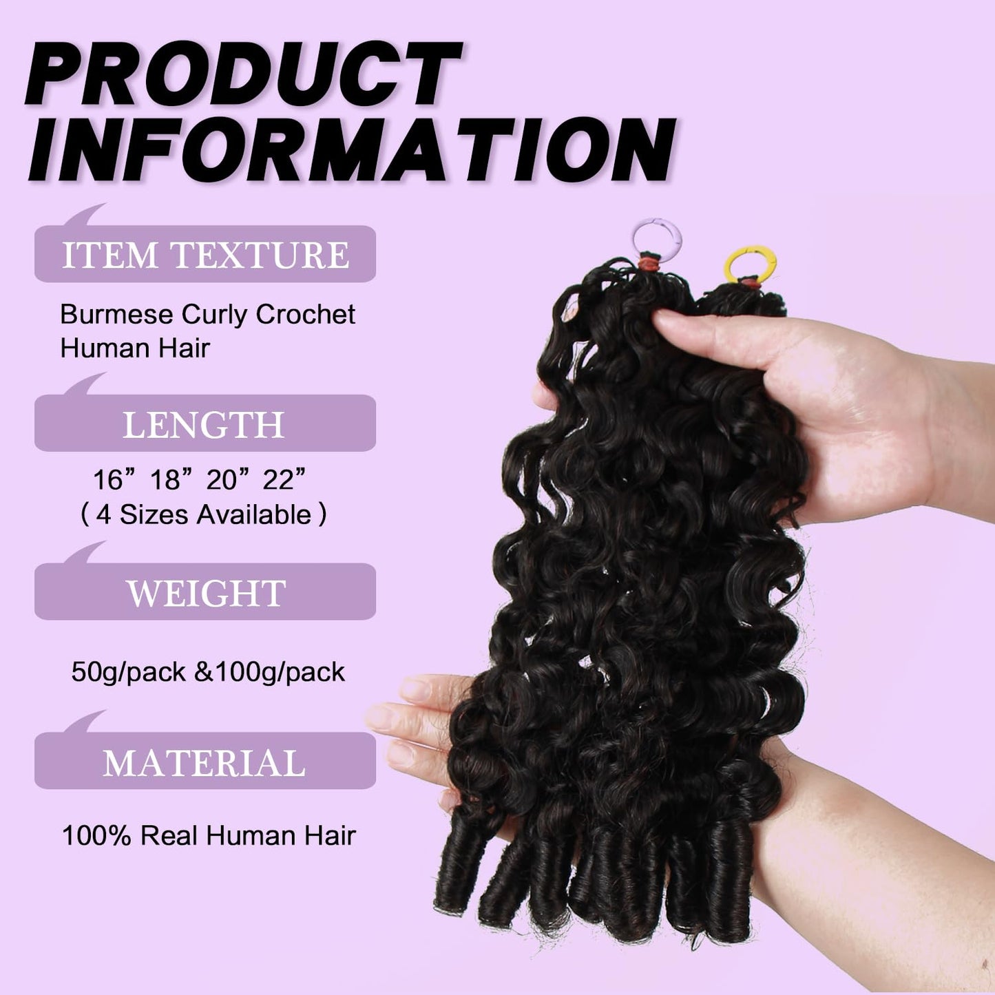 Burmese Curly Feather Crochet Human Hair 100g 18 Inch Human Crochet Hair Knotless Pre‑Separated Miracle Knots Hair Lightweight Reusable Crochet Hair Extensions for Black Women