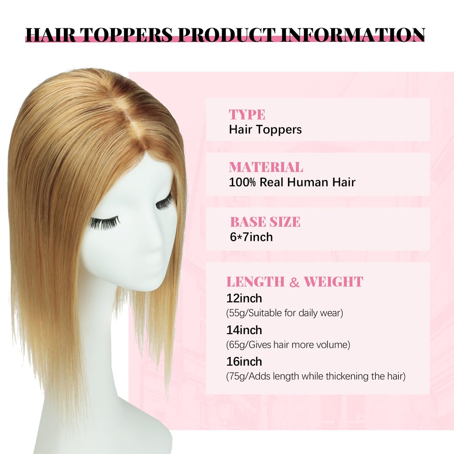 HappyNewHair Hair Toppers for Women Real Human Hair, 6x7inch Large Base Chocolate Brown Hair Pieces for Women with Thinning 55g 360°Cover Topper Add Volume 12inch