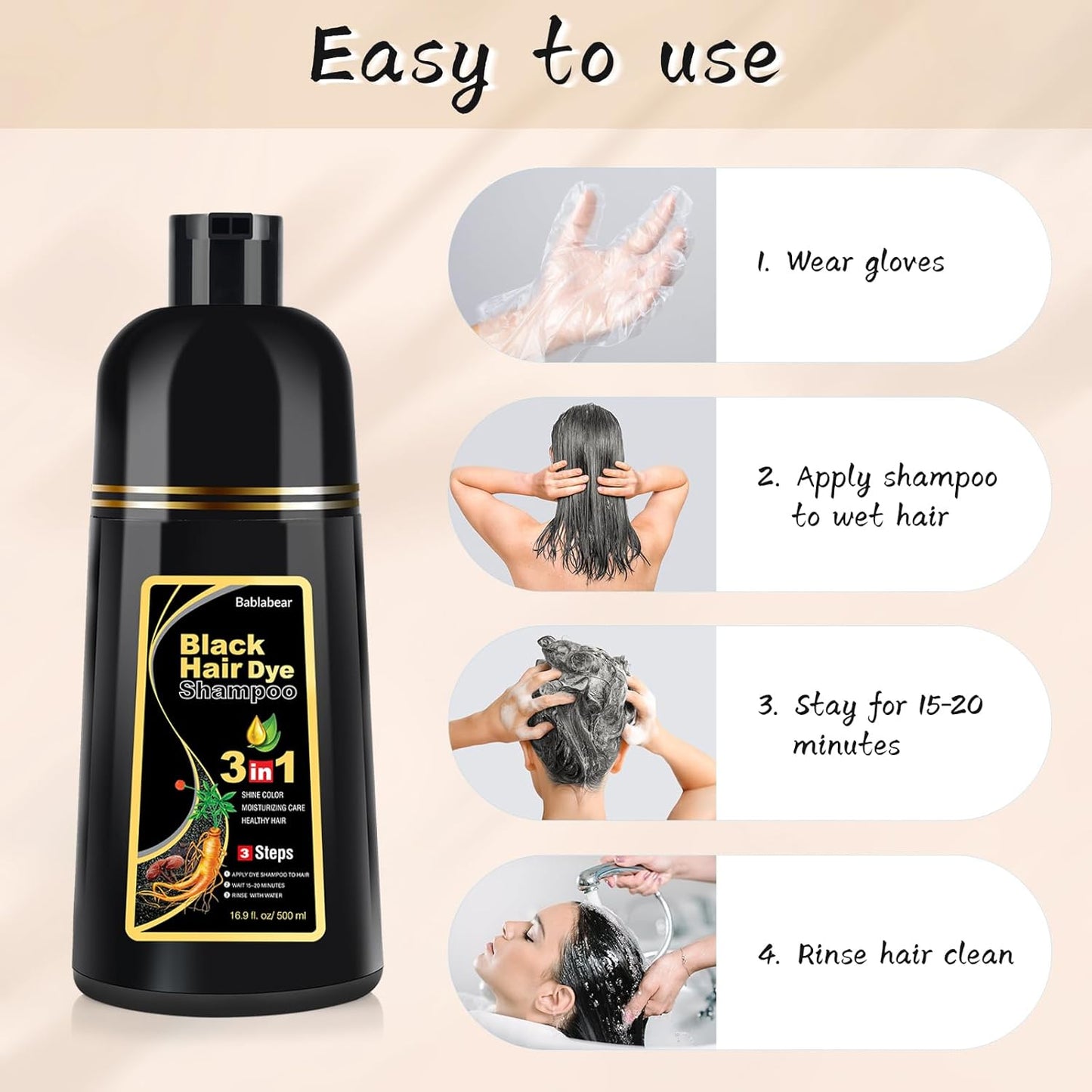 Black Hair Dye Shampoo - Semi-Permanent Gray Coverage for Men & Women | 500ml