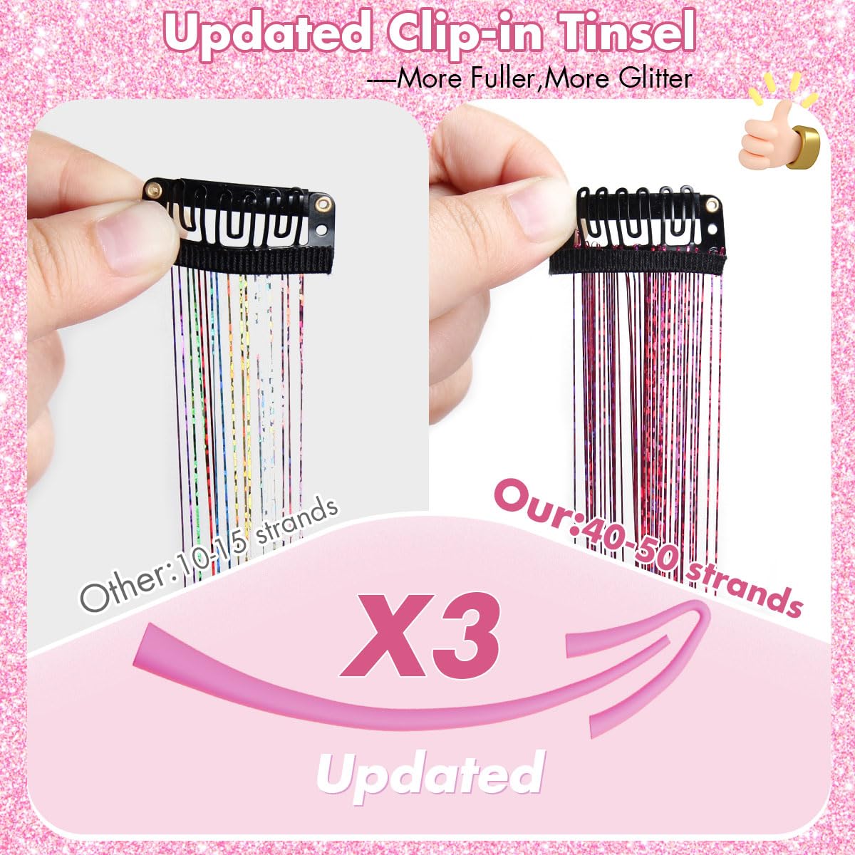 Colorful Hair Tinsel Clips - 18 Pcs 24 Inch Heat Resistant Fairy Hair Extensions | Hot Pink Glitter for Girls & Women