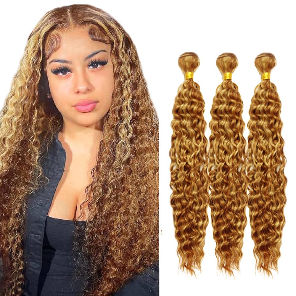 28 30 32 Inch Honey Blonde Bundles Human Hair Color 30 Deep Wave Bundle P27/30 Deep Wave 3 Bundles Brazilian Virgin Hair Extensions