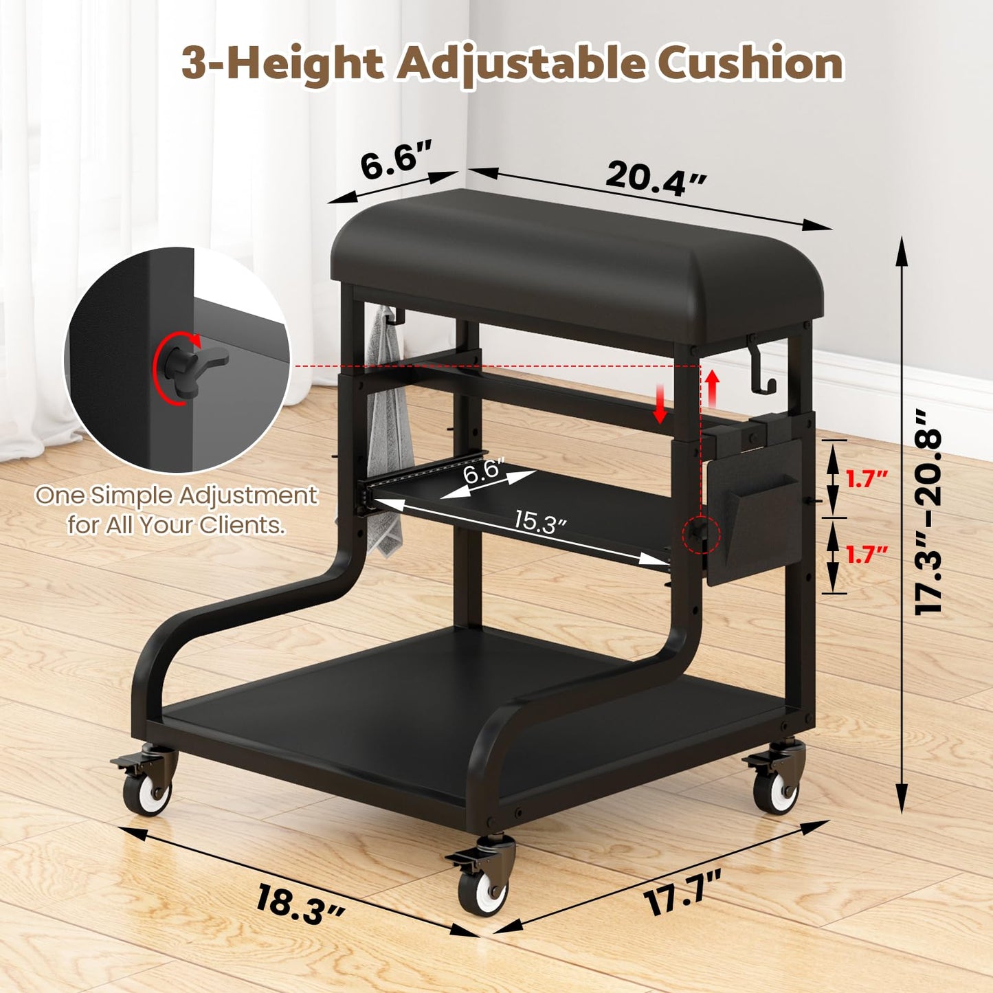 Adjustable Pedicure Foot Rest with 3-Level Height, PU Cushion, Storage & Locking Wheels, Mobile Pedicure Cart Foot Bath Trolley for Foot Bath, Salon & Spa (Black)