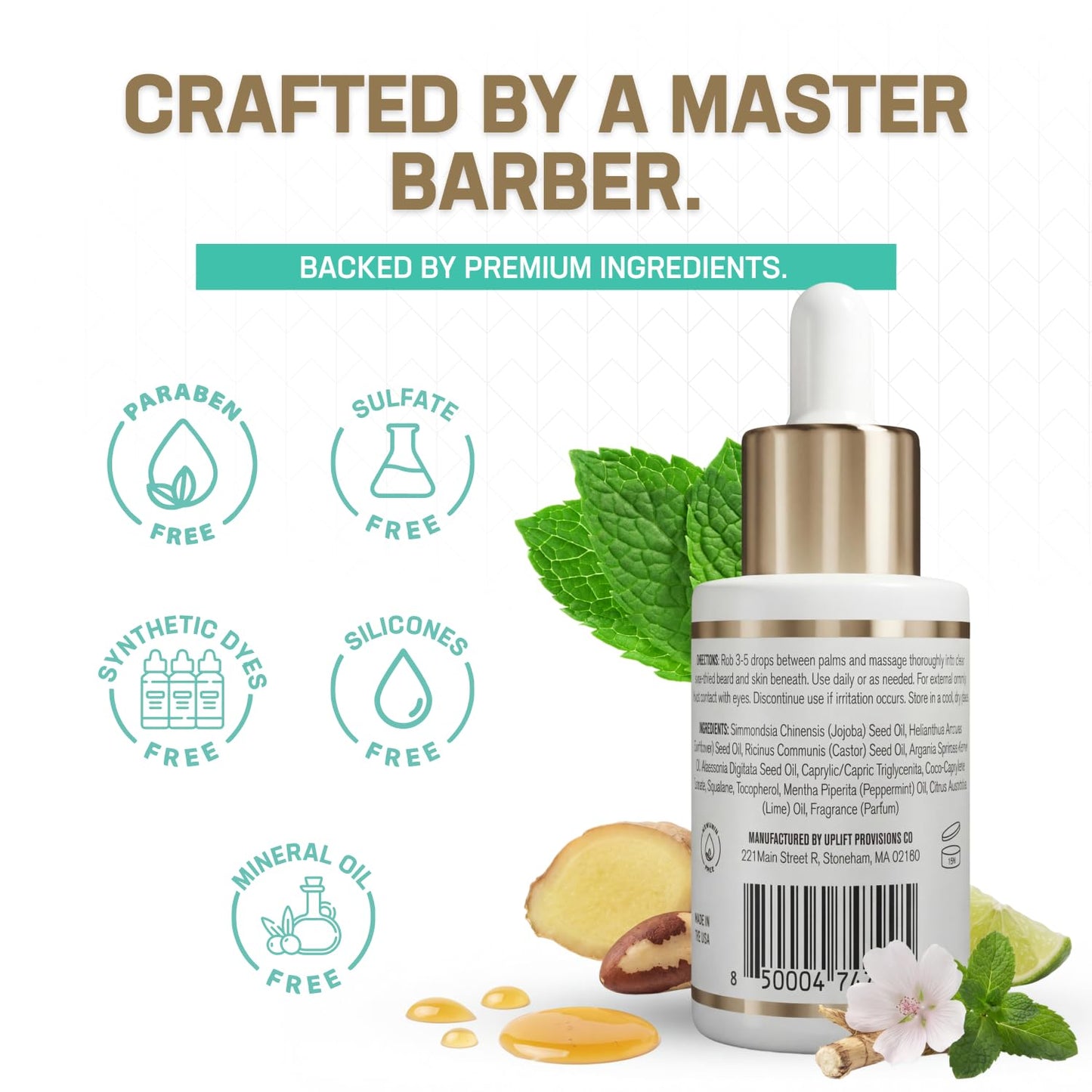 Uplift Provisions Beard Oil for Men – Softens & Hydrates, Reduces Dryness & Itch – Argan, Jojoba & Castor Beard Growth Oil – Lightweight, Non-Greasy, Peppermint & Lime Scent, 1 oz