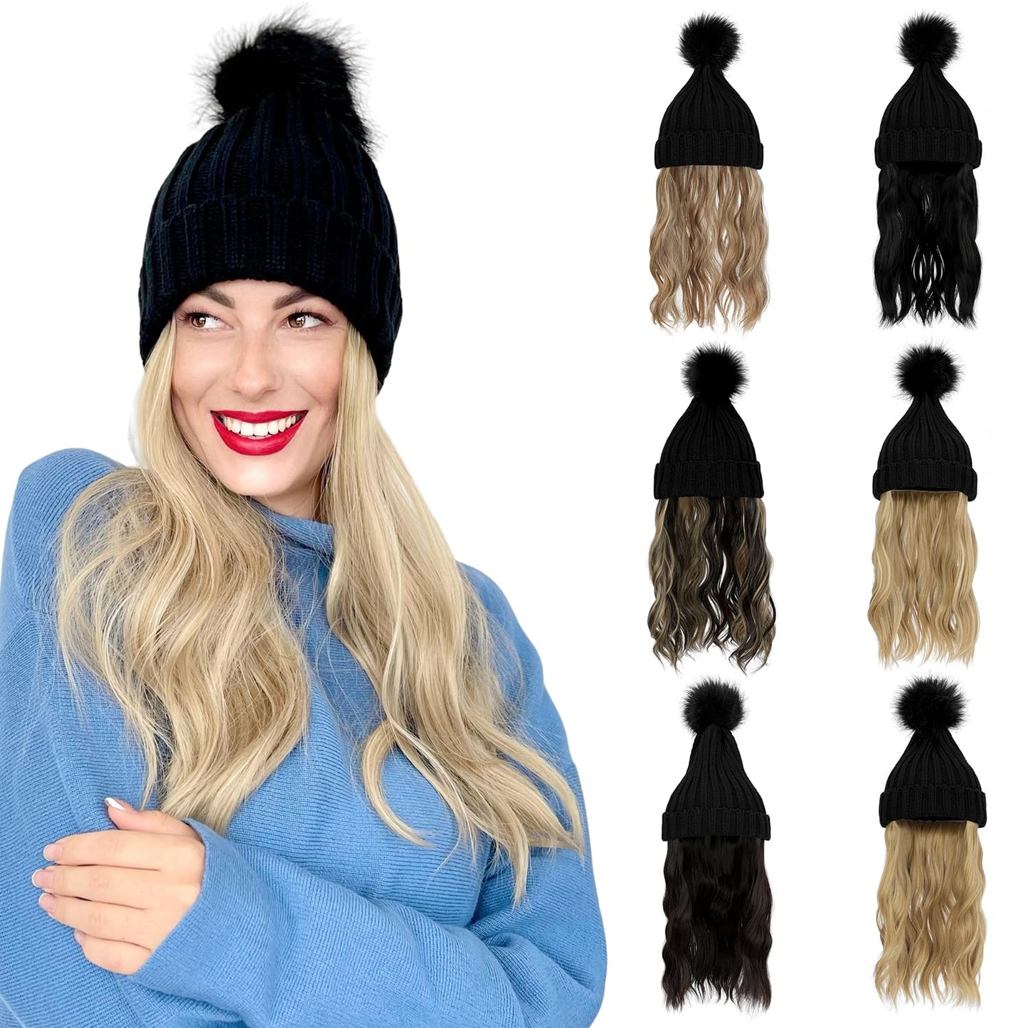 Cephermer Women Beanie Hat with Hair Attached Warm Knitted Pom Cap Attached 14inch Long Wavy Curly Hair Extensions Synthetic Hairpiece