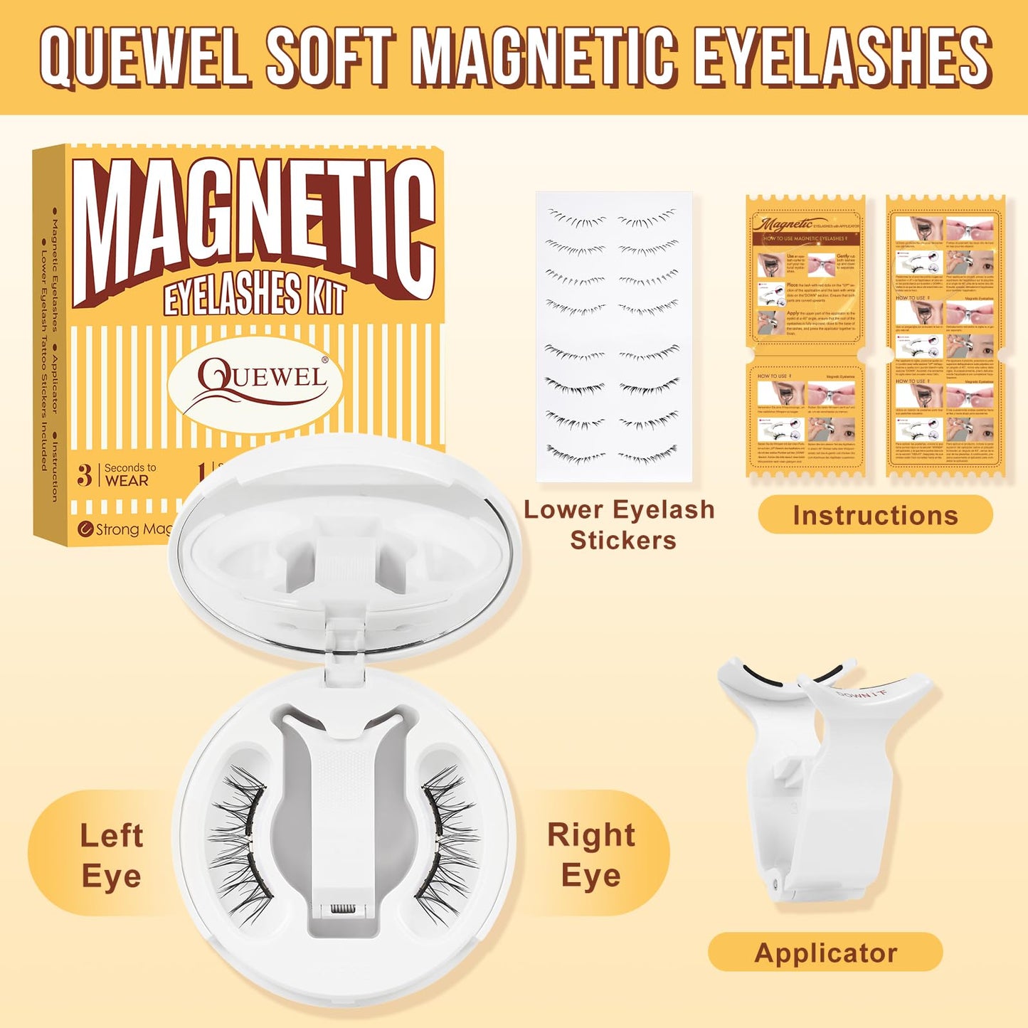 QUEWEL Magnetic-Eyelashes with Applicator, Upgrade 1 Pair Soft Magnetic Lashes, No Glue Needed Reusable Magnetic Eyelashes So Soft and Suitable for Beginners (Soft-Magnetic-B01)