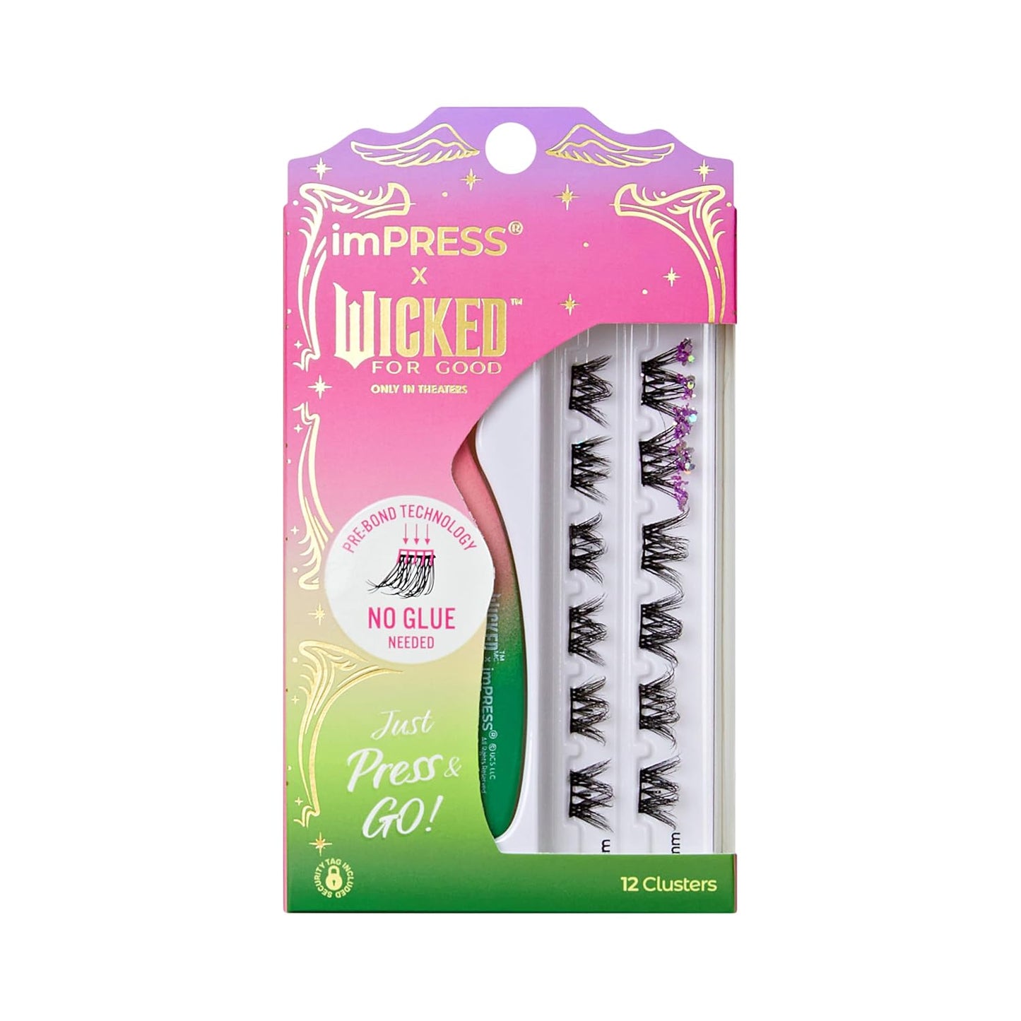 Press On Self Adhesive Eyelashes - Natural Volume 8mm-10mm Lashes with Purple Glitter | 12 Lash Clusters & Mini Applicator
