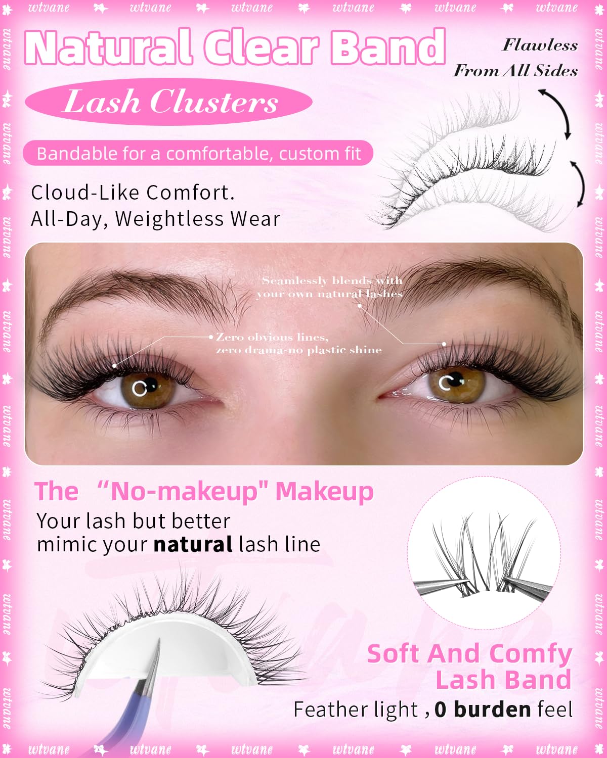 Natural Wispy Lash Clusters - Short Eyelash Extensions 8-10mm | Soft Clear Band, C-Curl, Glasses Friendly