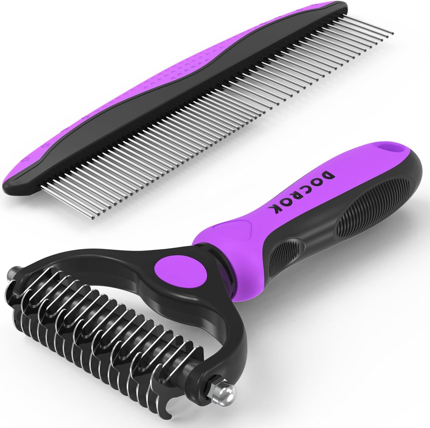 Pet Grooming Combo - Blue Deshedding Brush & Metal Comb for Detangling Long Matted Fur | Ideal for Cats & Dogs