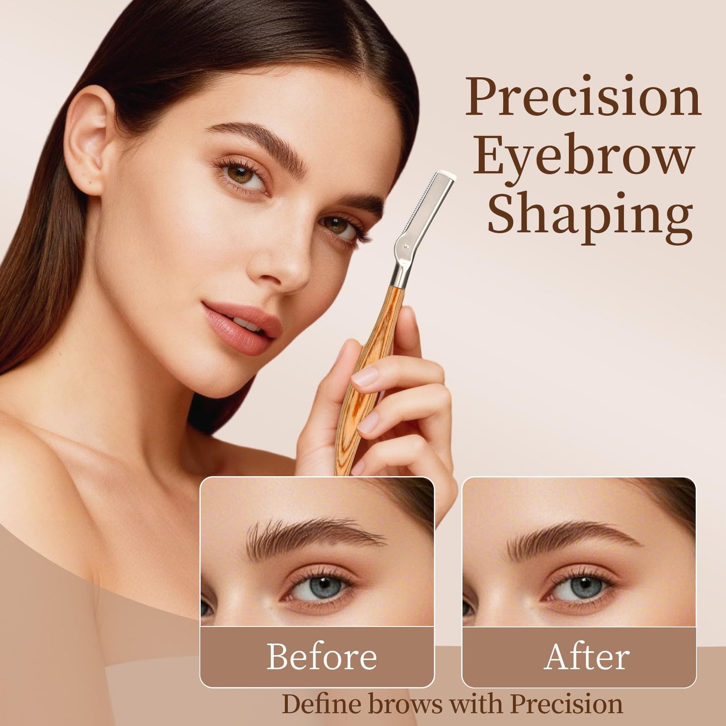 ZiLORA Wooden Eyebrow Razor - 8 Replacement Blades & Leather Pouch - Precision Eyebrow Trimmer & Dermaplaning Tool for Face Peach Fuzz, Lip Hair - Safety Mesh Guard