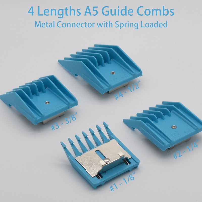 4 Pieces Professional A5-Style Animal Clipper Attachment Guard Guide Cutting Combs Set 76926-900, 1/8", 1/4", 3/8", 1/2", Compatible with Oster Classic 76 A5 Andis AG BG Wahl KM Pet Groomers (Blue)