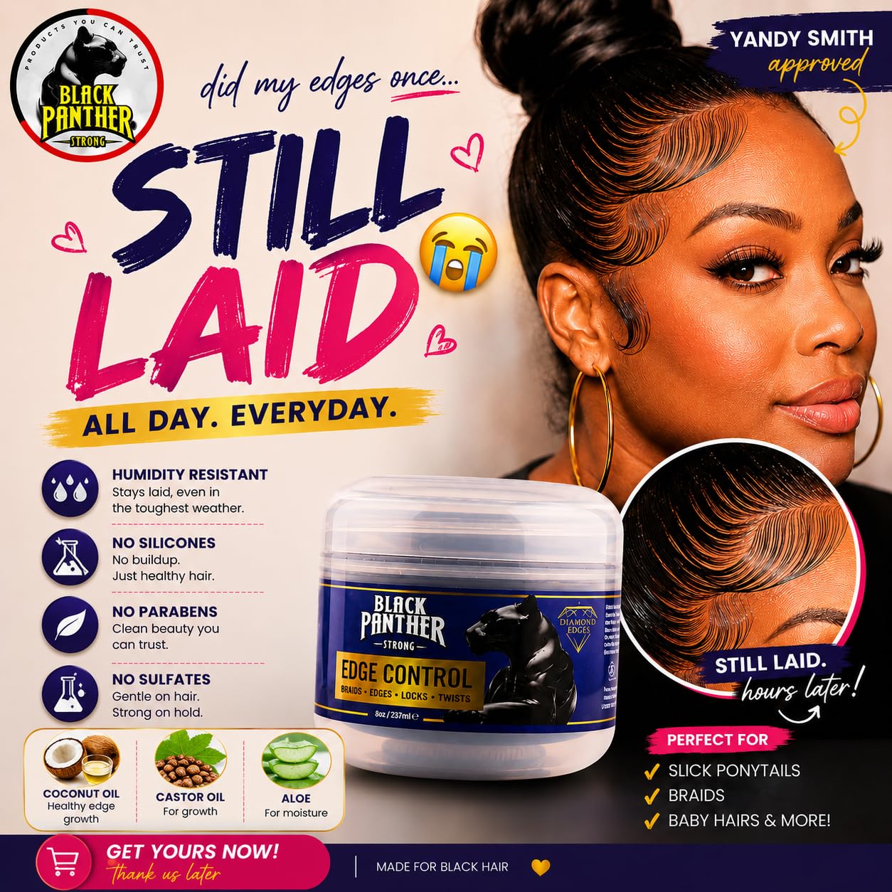 Black Panther Edge Control - Humidity Resistant Strong Hold for 4C Hair | With Castor Oil, Coconut Oil & Aloe, 4 oz