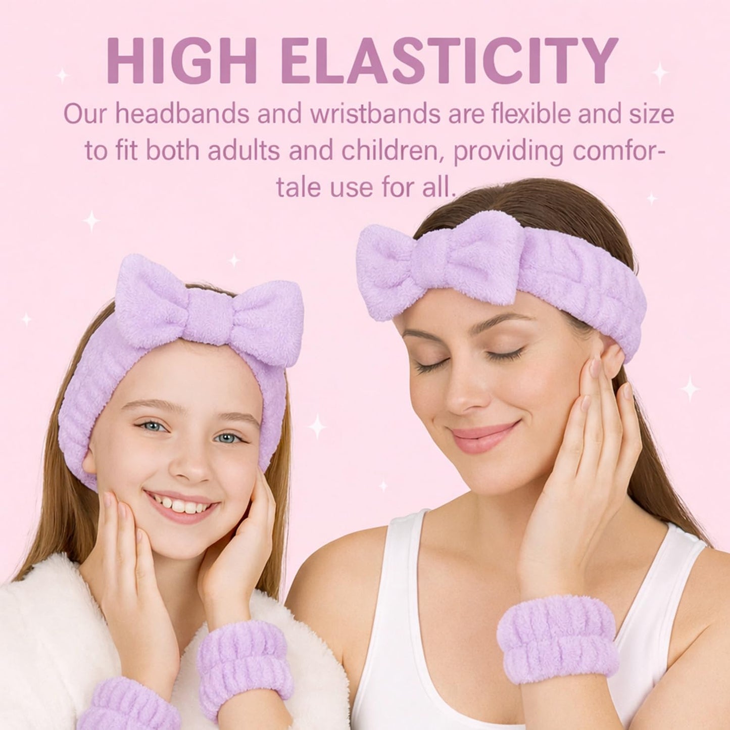 3-Piece Skincare Headband and Wristband Set, Fluffy Bow Spa & Face Wash Makeup Headband for Washing Face, Soft Microfiber Skin Care Tools for Women - Purple#1