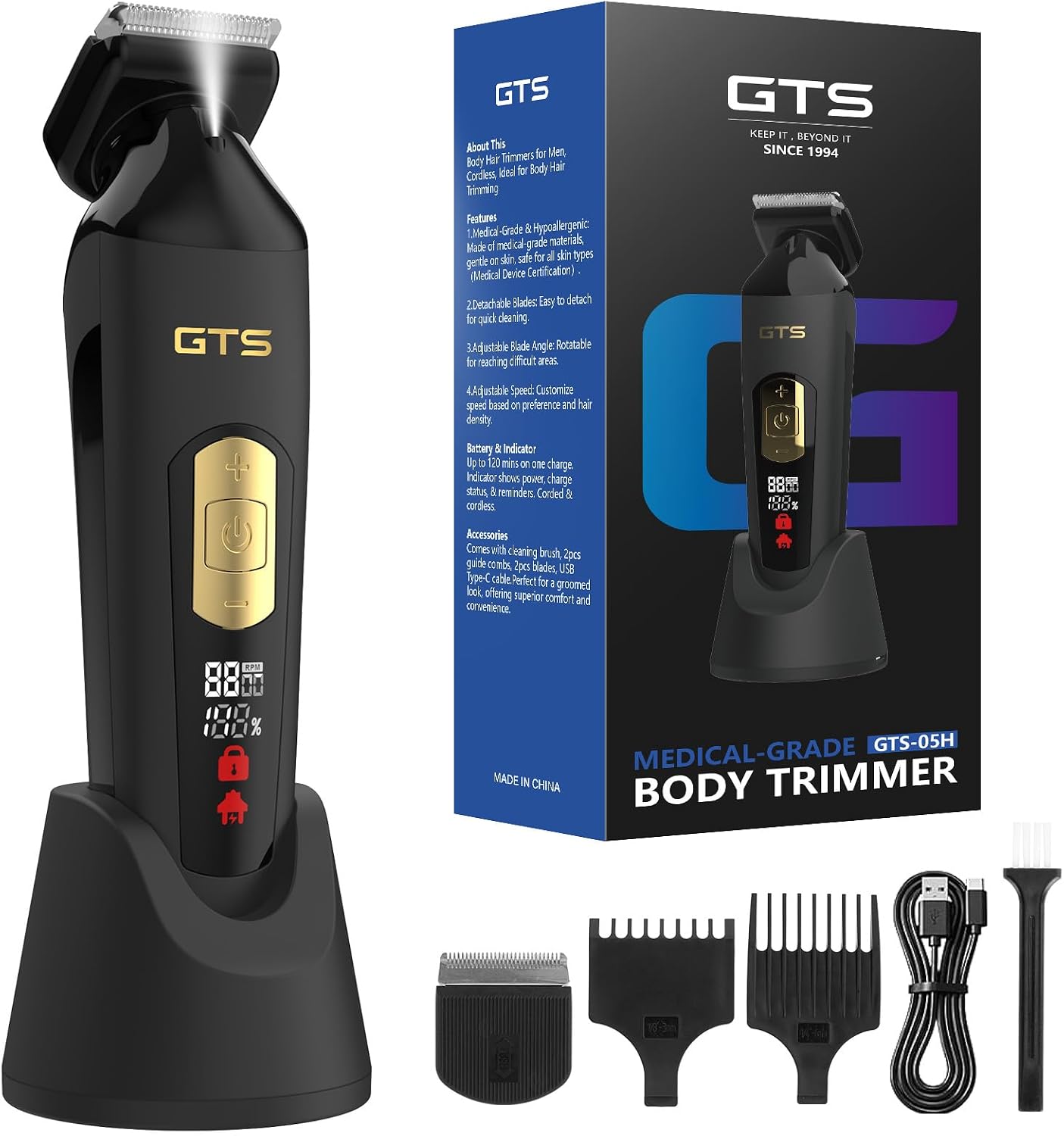 Electric Body Hair Trimmer for Men - Multi-Angle Ceramic Blade, LED Screen, IPX6 Waterproof | 7000RPM Speed, USB Charging