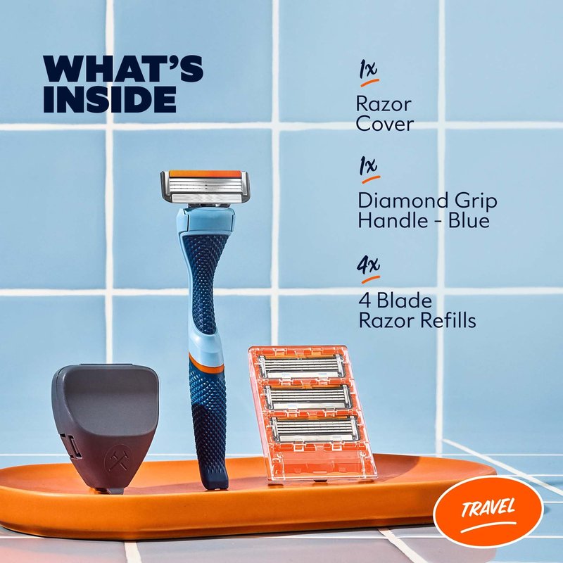 Dollar Shave Club | Travel Shave Set | 4 Swift Rinse Refill Cartridges, 1 Handle (Blue), 1 Razor Cover