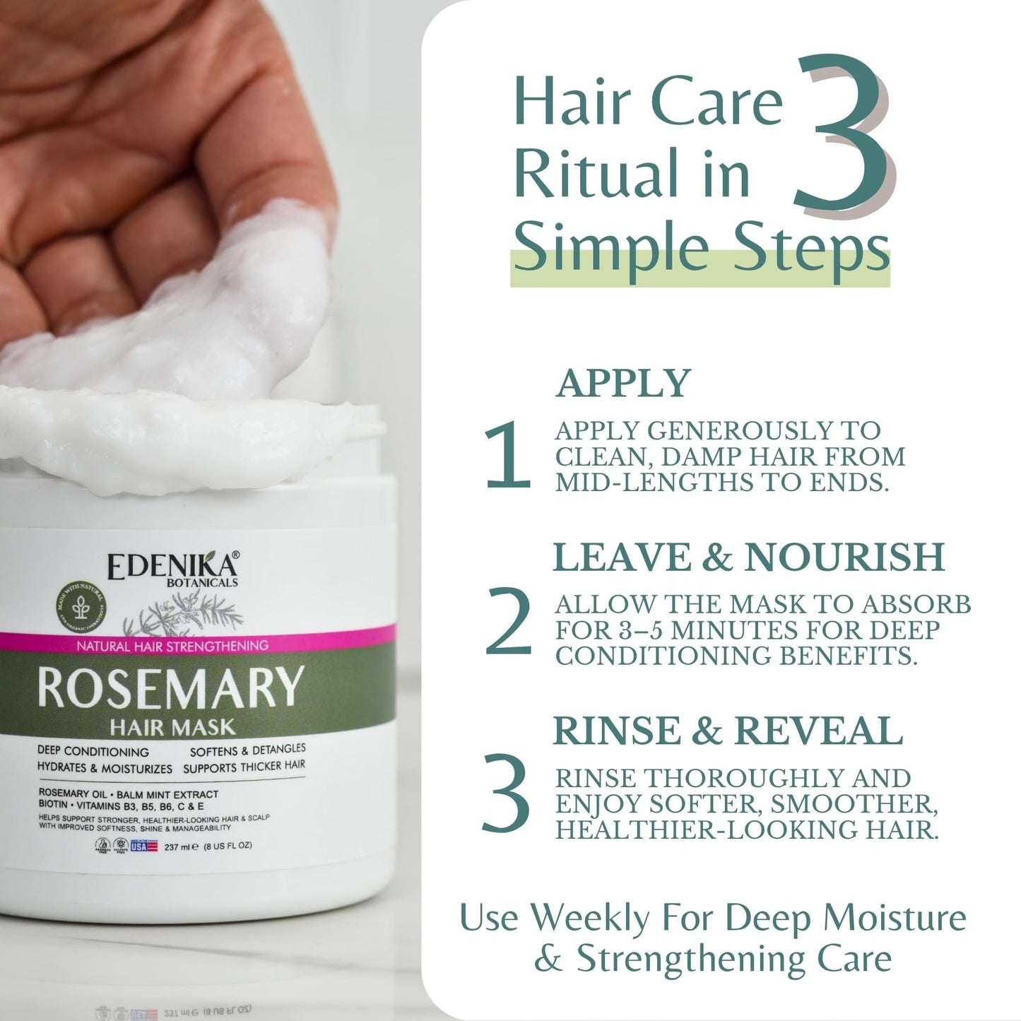 EDENIKA BOTANICALS Rosemary Hair Mask with Rosemary Oil & Biotin, Deep Conditioning Hair Treatment, Helps Strengthen Hair, Hydrates & Moisturizes, Supports Thicker-Looking Hair, Sulfate-Free