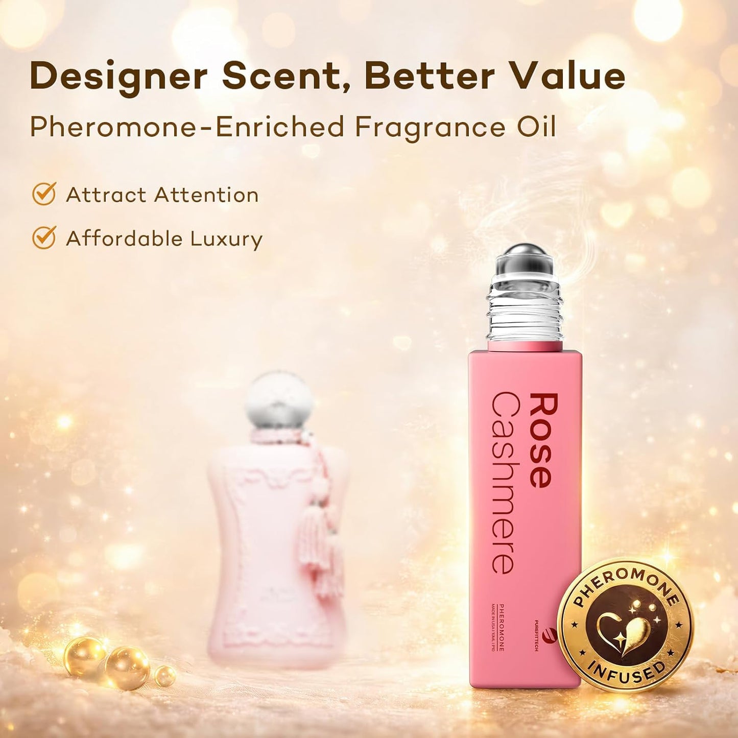 Pheromone Perfume for Women - Rose Cashmere Lychee Scent | Travel-Size Roll-On with Kawaii Bear Keychain, 0.34 fl oz (10ml)