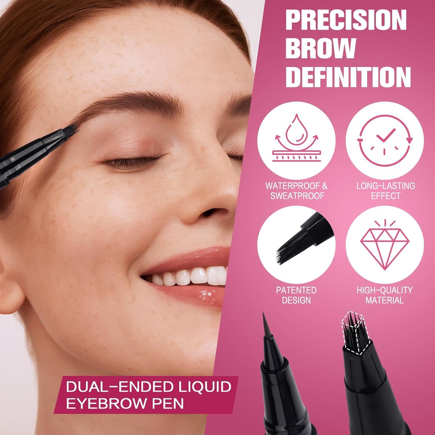 Dual Ended Microblading Eyebrow Pen - 2 in 1 Liquid Pencil with Angled Brush & Detail Tip for Natural Brows | Long-Lasting Brown