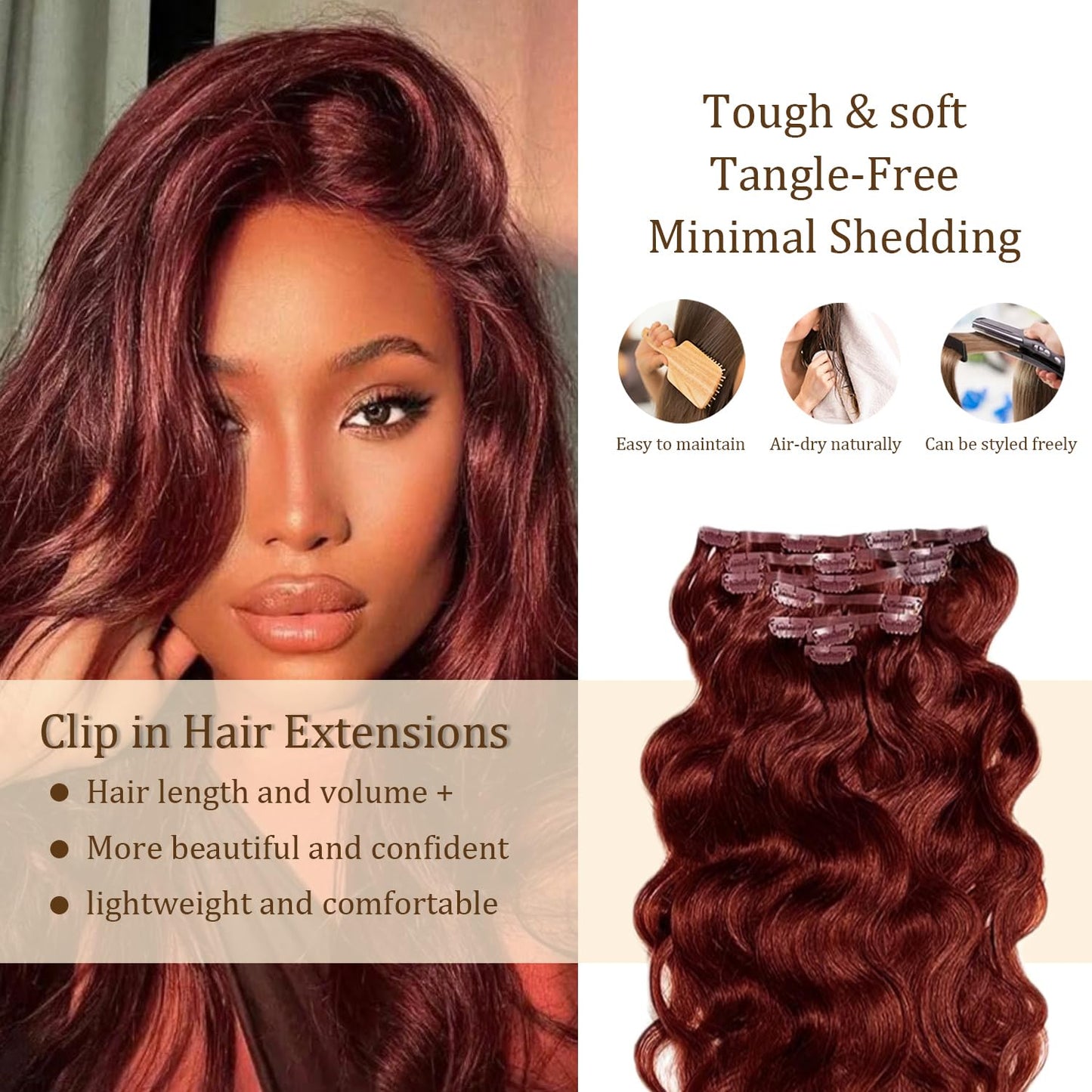 #33 Reddish Brown Clip in Hair Extensions Real Human Hair, 32 Inch 120g/7Pcs,Full Shine Remy Human Hair,Copper Red Long Wave Clip ins Brazilian Virgin Human Hair Extensions