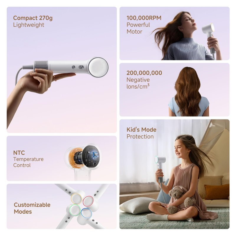 Dreame Mini High-Speed Hair Dryer, 270g Lightweight, Fast Drying, Customizable Modes, 100,000RPM Motor, NTC Temperature Control, Negative Ion Cares, 5 Cutomizable Modes, Kid's Mode
