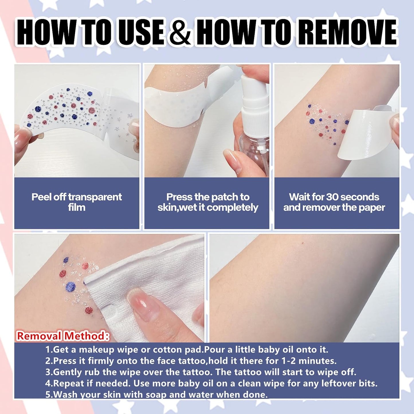 Red White and Blue Glitter Freckles Face Tattoos - 6PCS Patriotic Sparkle Stickers for 4th of July | Independence Day Decor