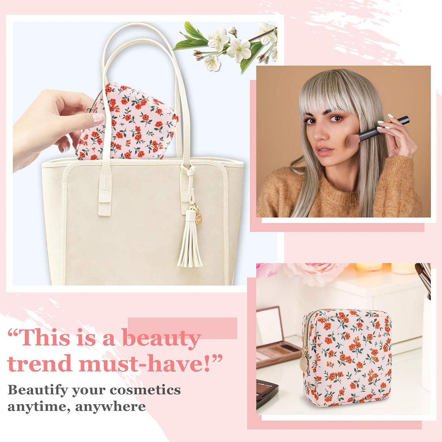 Floral Makeup Bag - Cute Pink Nylon Zipper Pouch for Travel | Waterproof Cosmetic Organizer for Women