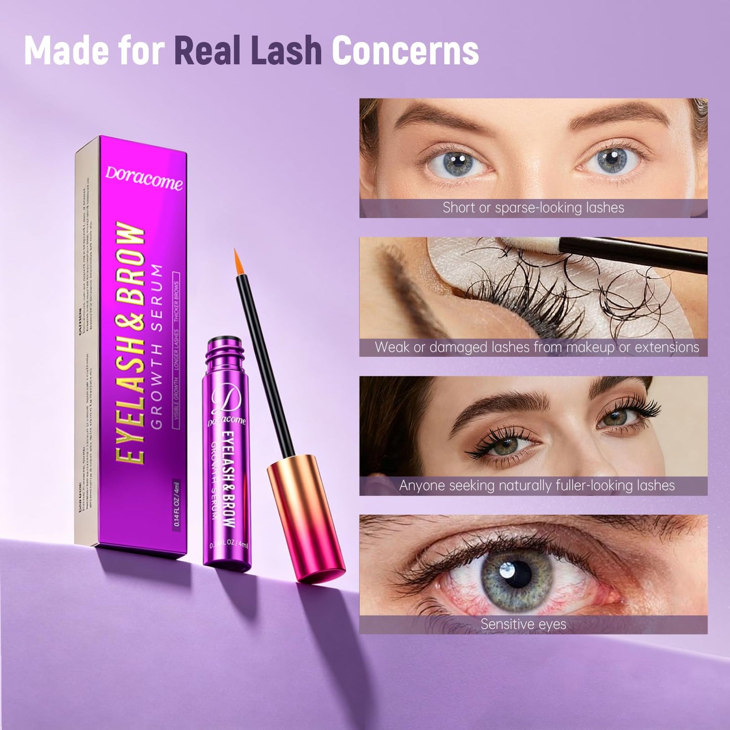 Doracome Eyelash Growth Serum with Peptides & Amino Acids - Lash and Brow Serum for Natural Lengthening & Strengthening - Resilience Support, Safe for Sensitive Skin, Lash Extension Aftercare - 3ml