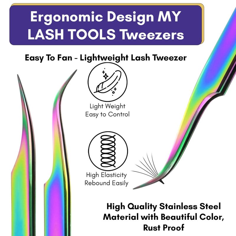 2pcs Fiber Tip Tweezers for Lash Extensions – Curved Tip Base Cut & Isolation Tweezers Set, Precision Stainless Steel Eyelash Extension Tools, Non-Slip Grip, Professional Lash Applicator (Multi)