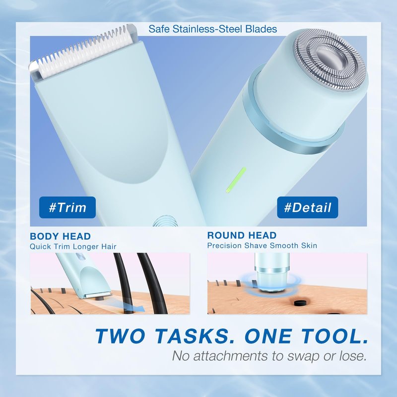 AMURS Bikini Trimmer for Women, Dual-Head Electric Body Hair Trimmer for Sensitive Areas, IP67 Waterproof Rinsable, USB-C Rechargeable Groomer for Bikini Line, Underarms, Legs & Face (Cloud Blue)