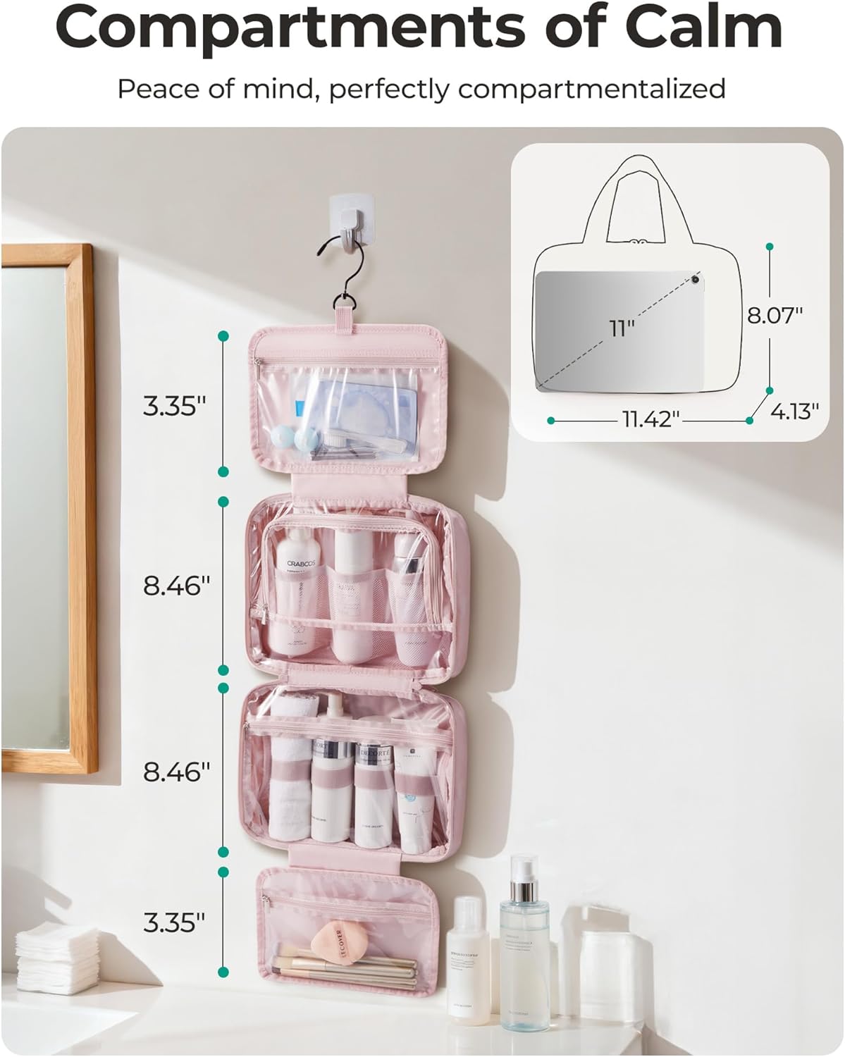 Travel Toiletry Bag for Women - Portable Hanging Makeup Organizer | Waterproof Cosmetic Bag in Pink