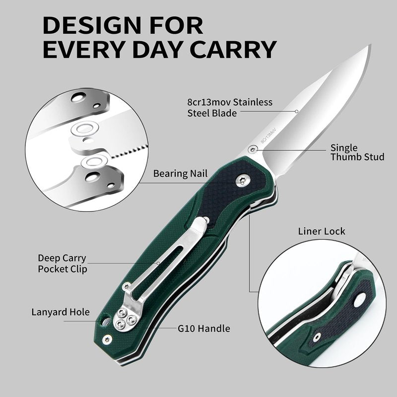 Vickay Pocket Knife, Pocket Folding Knives with Belt Clip, Tactical Camping Knife, 2.6in 8Cr13MoV Stainless Steel Blade, Non Slip G10 Handle, Dark Green