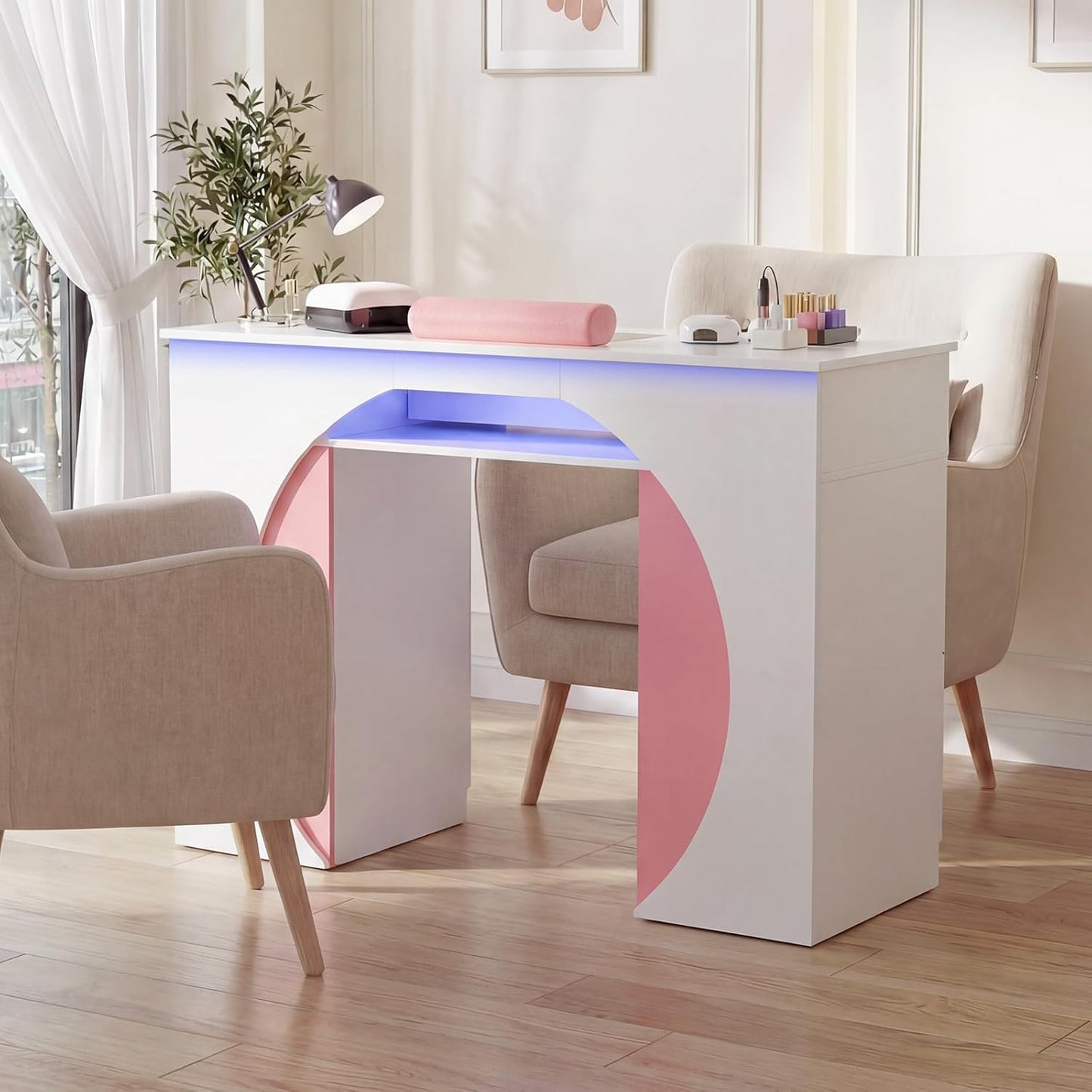 Nail Desk with Dust Collector & LED Lights - Professional Manicure Table for Salon or Home Studio | White with Pink Accents