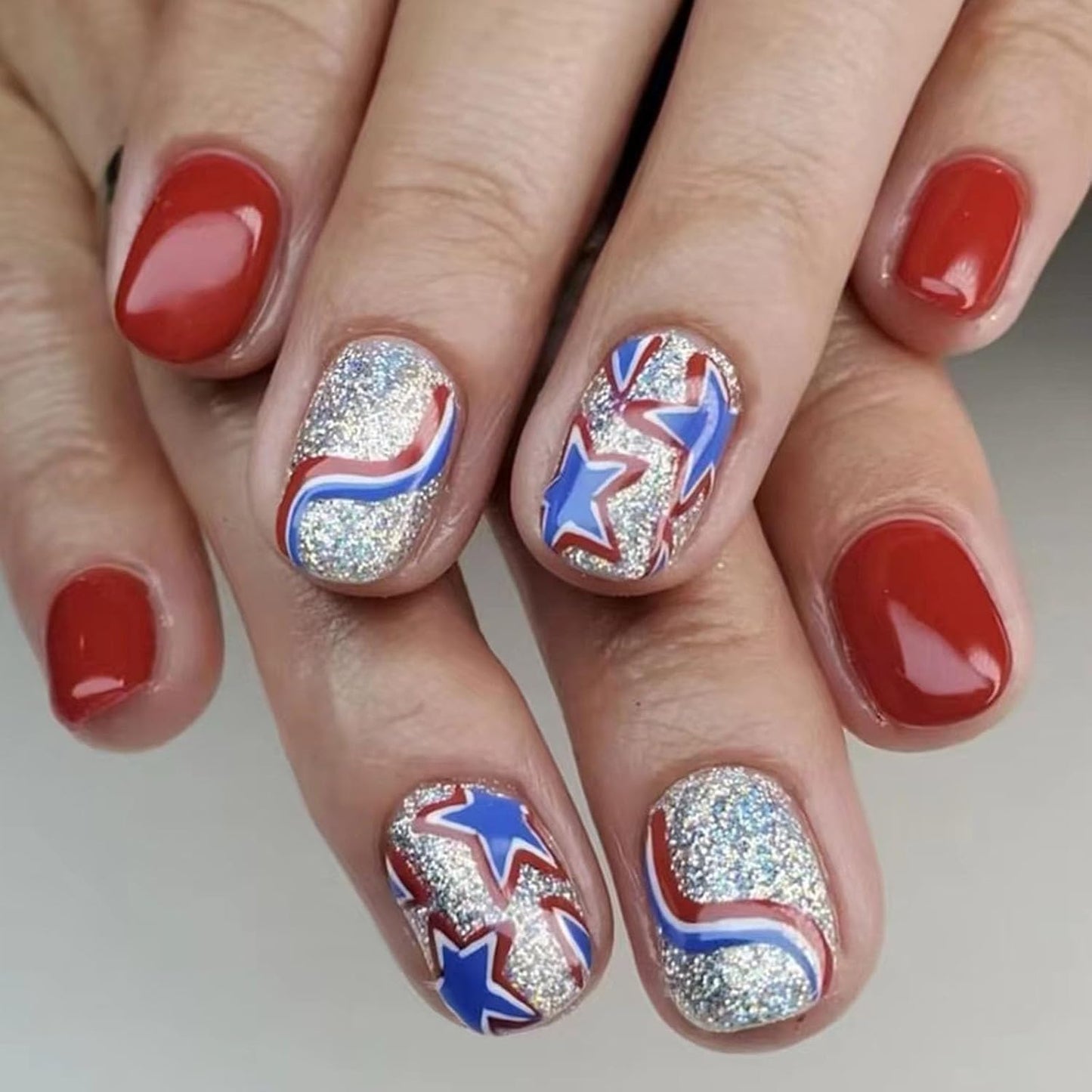Press On Nails - Short Square Red, White & Blue Acrylic Nails with Glitter Stars | 4th of July Designs, 24 Pcs