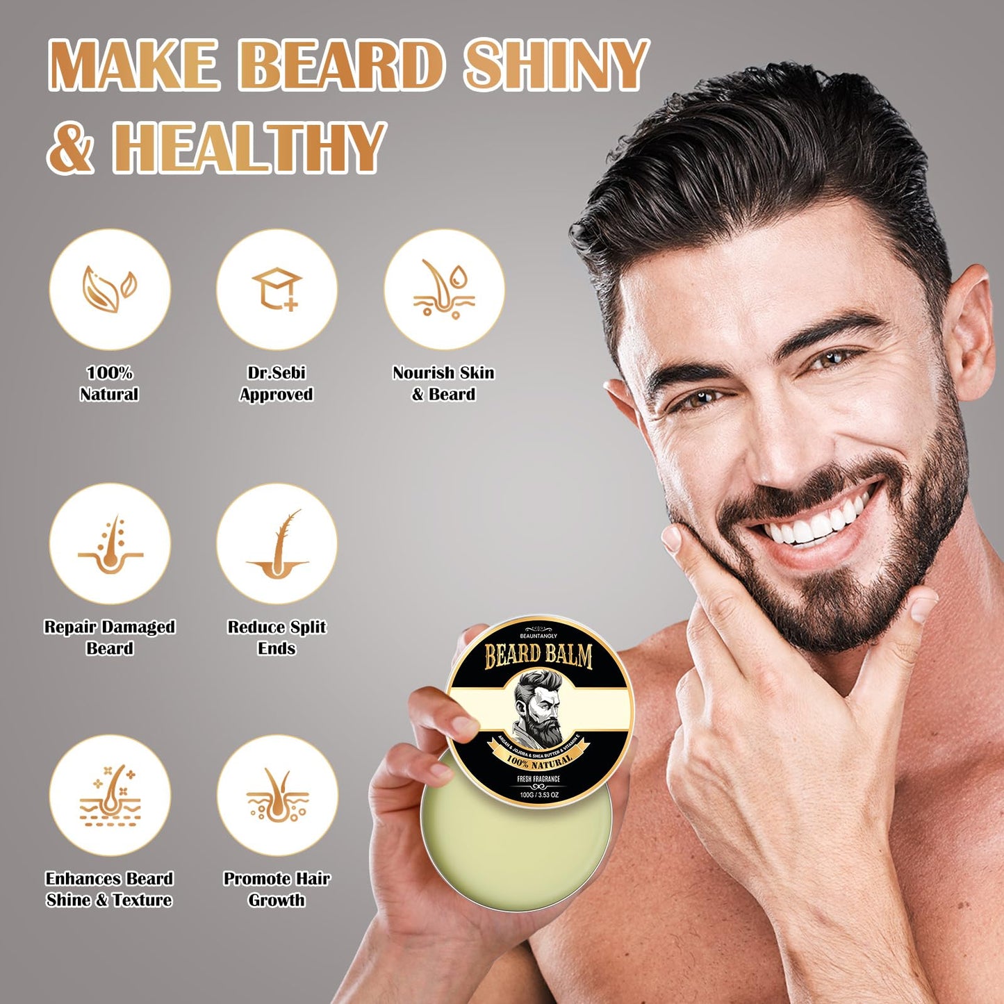 2 PACK Beard Balm for Men, 100% Natural with Shea Butter, Argan Oil, Jojoba Oil, Vitamin E - 7.06 OZ Beard Softener Moisturizer for Men