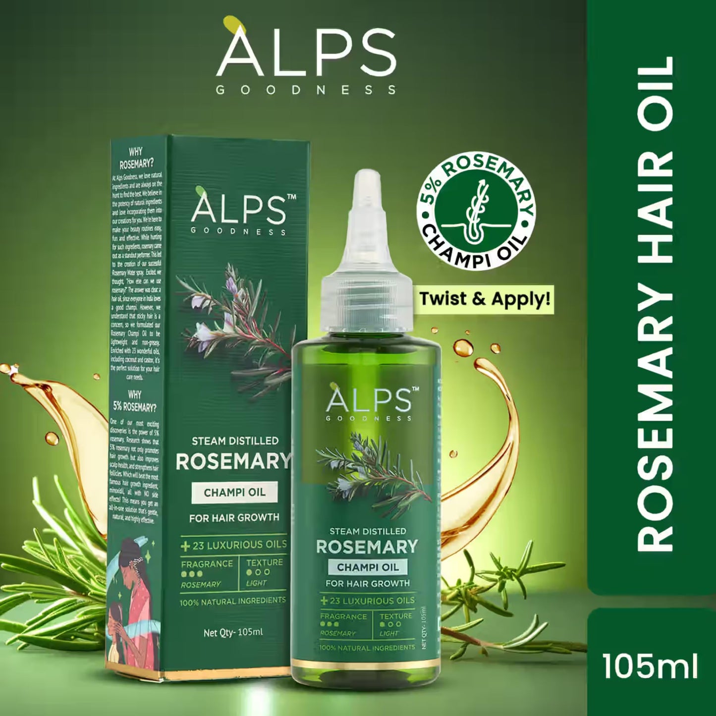 Alps Goodness Rosemary Hair Growth Oil for Thicker, Fuller Looking Hair | Steam Distilled Rosemary Champi Oil | Nourishes Scalp, Reduces Breakage | Lightweight Hair Oil | 3.55 Fl Oz (105ml)