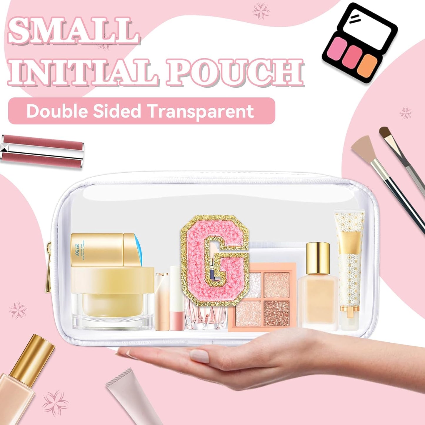Personalized Initial Makeup Bag - Waterproof Nylon Cosmetic Pouch | A-Z Chenille Letter Patch, White-Pink G